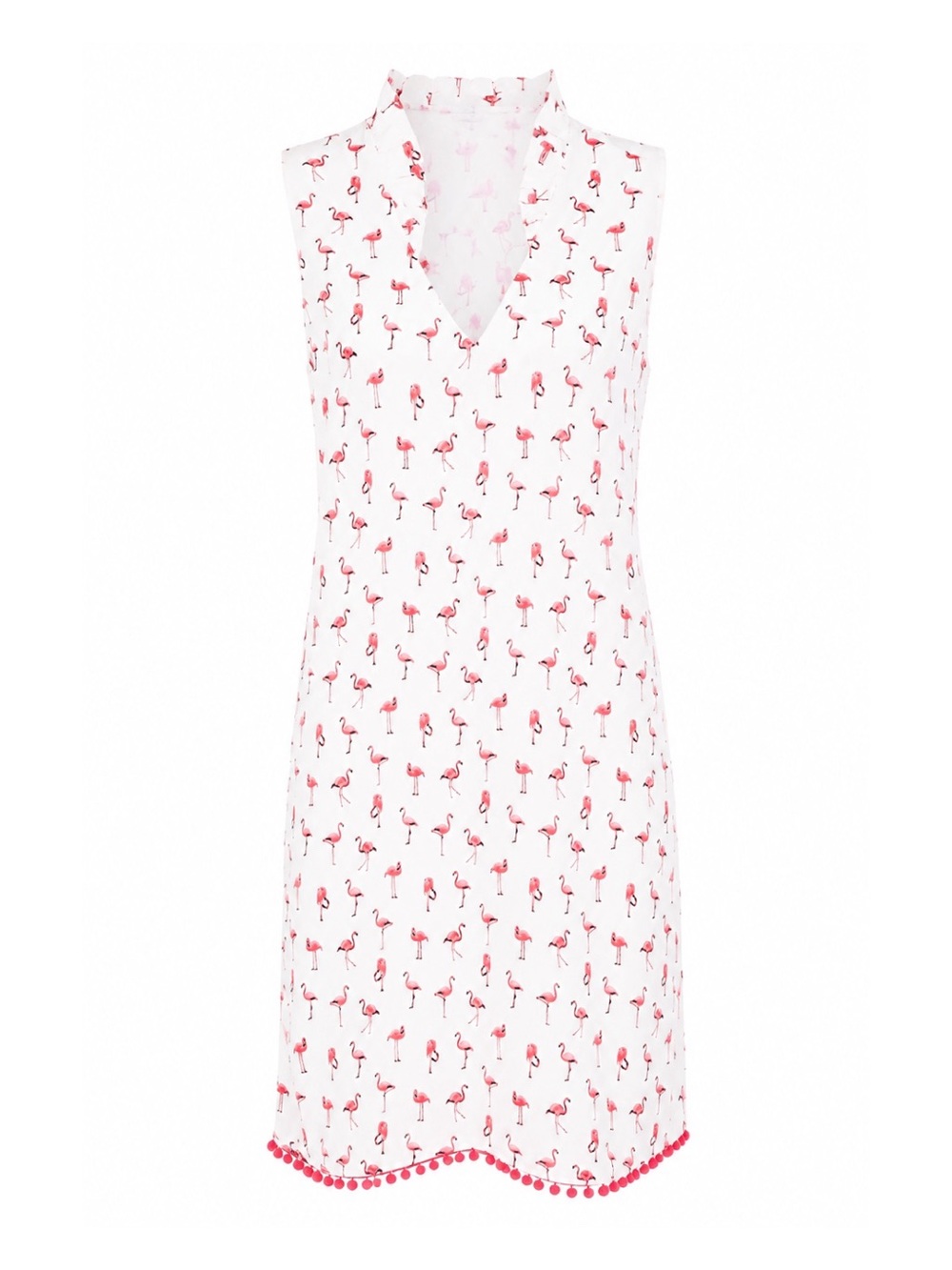 Chetta B Pink Flamingo Print Pleated Neck Pom Pom Shift Dress Womens Size 8